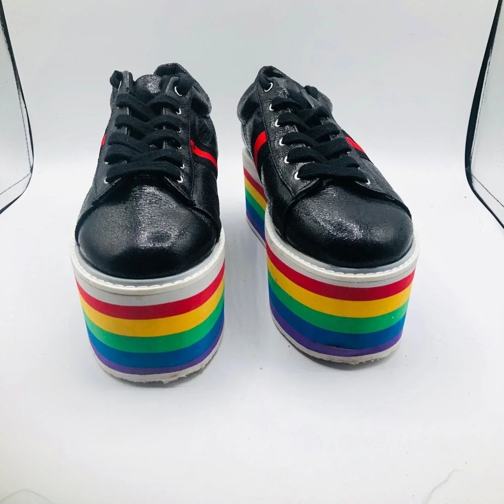 CAPE ROBBIN SUPER PLATFORM BLACK‎ FAUX LEATHER LACE UP RAINBOW PLATFORM SIZE  9